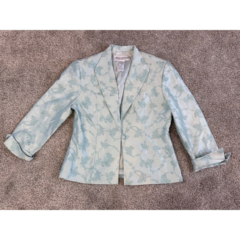 Jessica Howard Light Blue Damask Jacquard Beaded Blazer Jacket Size 12